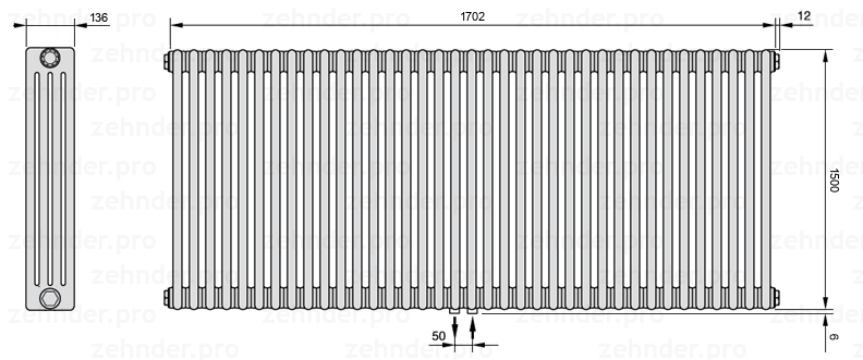 Схема (чертеж) Радиатор Zehnder Charleston 4150/37 №5410 Белый глянцевый RAL 9016